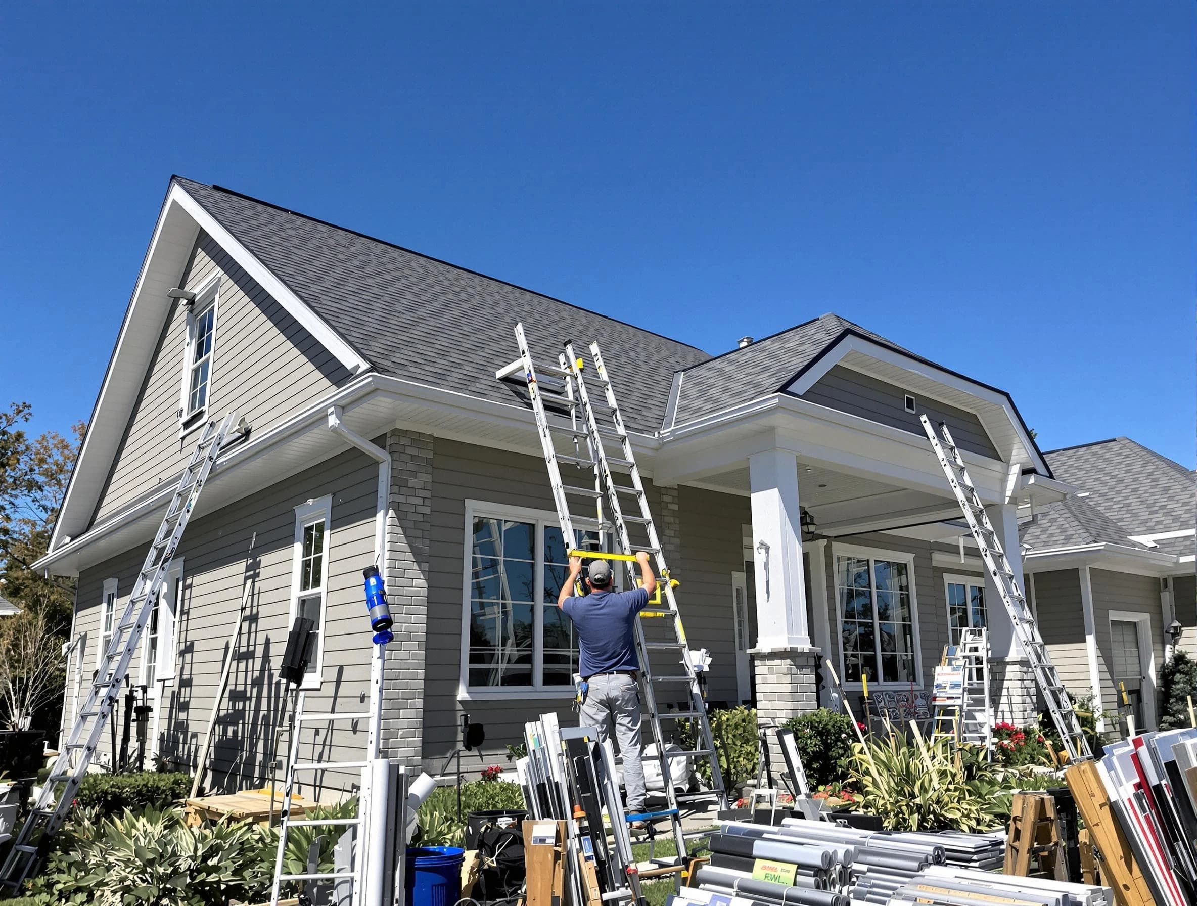 Bay Village Roofing Company fitting rain gutters at a home in Bay Village, OH