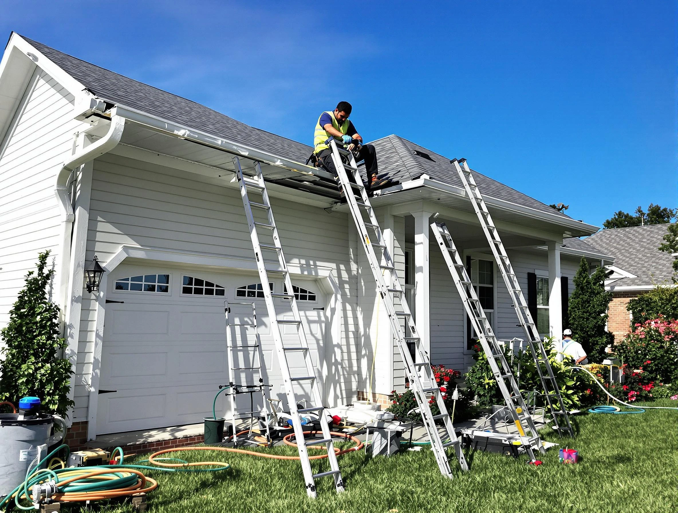 Removal of old gutters by Bay Village Roofing Company to install new system in Bay Village, OH